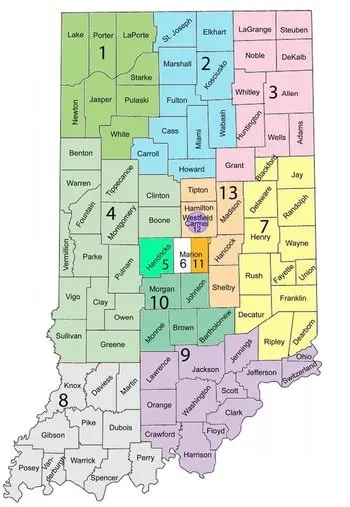 A map of indiana counties with numbers in each region.