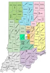 A map of indiana with the number 1 3 in each district.