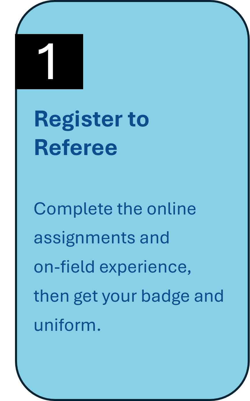 A blue and white poster with the words register to referee